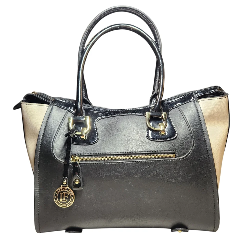 London Fog Handbag Large Tote Faux Vegan Leather Black Cream Gold Classic Preppy